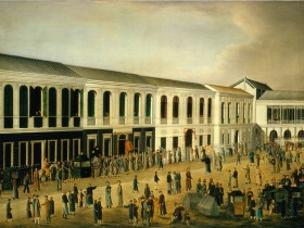 Juicio de marineros en Cantón · 1807 Escuela china, s.XIX, Juicio de cuatro marineros británicos en Cantón, 1 de octubre de 1807, Escena Fuera de la Corte, óleo, 71 x 101 cm, Royal Museums Greenwich