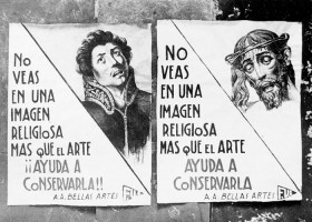 Carteles de los alumnos de la Escuela de Bellas Artes en defensa del Tesoro Artístico · No veas en una imagen religiosa más que el arte ¡¡Ayuda a conservarla!!