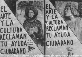 Carteles de los alumnos de la Escuela de Bellas Artes en defensa del Tesoro Artístico · El arte y la cultura reclaman tu ayuda ciudadano