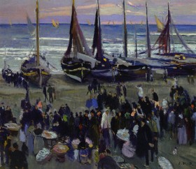 El mercat de peix a la platja · Joaquim Mir · 1923