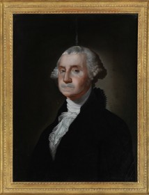 George Washington a partir de un retrato de Gilbert Stuart, principios siglo XIX, artista chino desconocido, pintura inversa sobre vidrio, Peabody Essex Museum